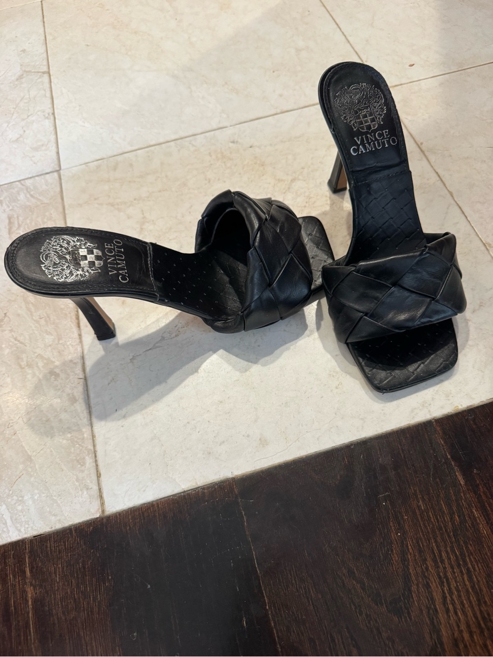 Vince Camuto Black Braided Leather Slide Heels